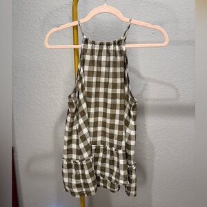 Anthropologie Cloth & Stone Gingham Halter Tank XS Green Ruffle Hem